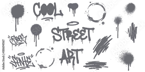Grungy street art graffiti design elements set with spray paint splatters, drips, and distressed lettering vector illustration
