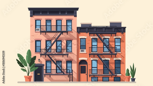 Two pixelated apartment buildings with fire escapes and potted plants