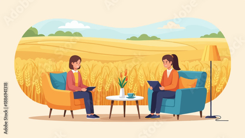 Two women converse in comfortable chairs amidst a vast, golden wheat field