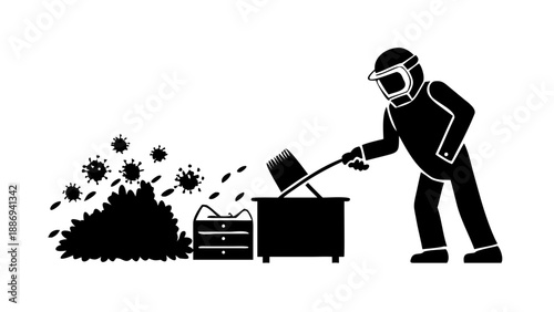 Silhouette of a beekeeper in a protective suit checking a beehive, honey production and nature conservation concept