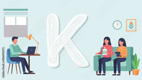 Two women converse on sofa near a man at desk with large white letter K