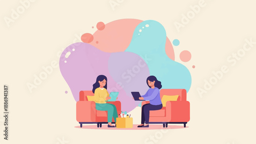 Two women conversing while sitting on couches, with colorful abstract shapes behind them