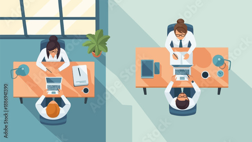 Two teams collaborate and work at desks, one in office, one outside