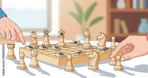 Two players engage in a strategic game of Xiangqi on a wooden board