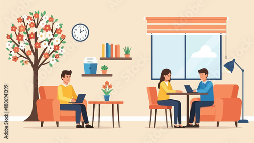 Two teams collaborating in a bright, modern office space with plants and comfortable seating