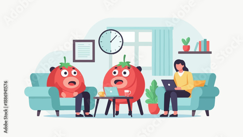 Two surprised animated tomatoes and a woman work on laptops