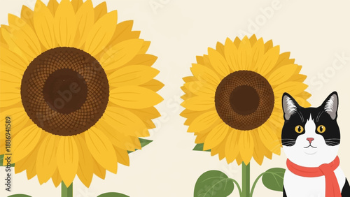 Two sunflowers stand tall, a black and white cat with a red scarf peeks