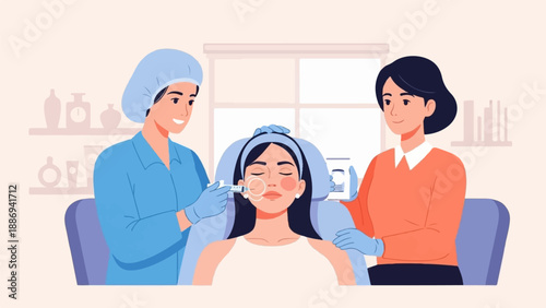 Two professionals administer a facial cosmetic injection to a woman