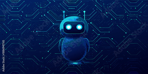 A cute robot stands against a complex futuristic digital circuit pattern