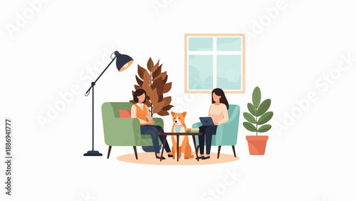 Two women and a dog relax in a living room with plants and a lamp