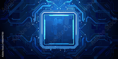 Abstract blue circuit board pattern with a central microchip illustration