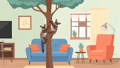 Two sugar gliders climb a tree inside a cozy living room with furniture