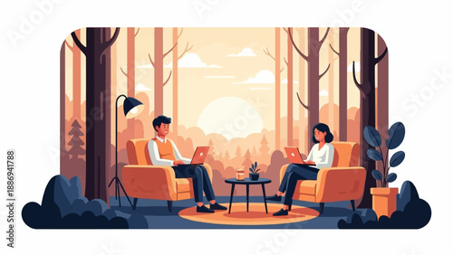 Two people working on laptops in cozy chairs surrounded by forest trees