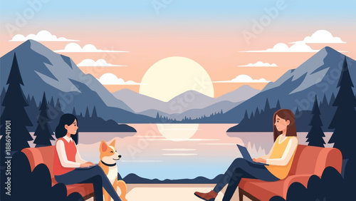 Two women and a dog relax by a serene lake during a picturesque sunset