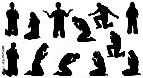 Silhouetted people in various prayer poses, kneeling and standing in contemplation and worship