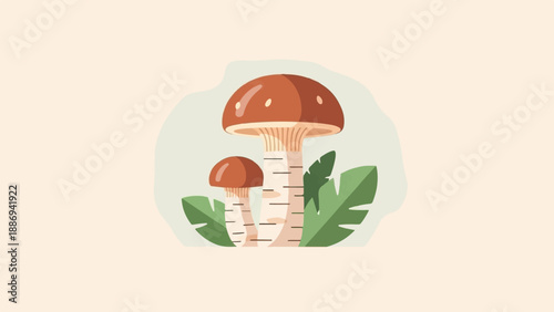 Two stylized mushrooms with leaves and a light beige background