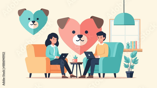 Two people working on laptops in cozy chairs with heart-shaped dog faces