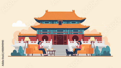 Two women relax with pets in a serene setting before a grand traditional building