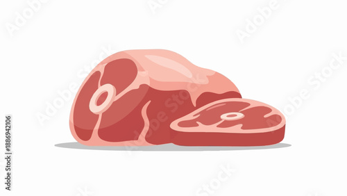 Two raw meat cuts, one large roast, one steak, on white