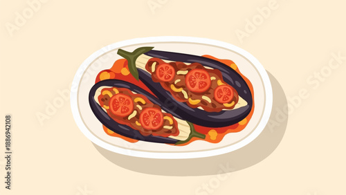 Two stuffed eggplants with tomatoes and sauce on a white plate