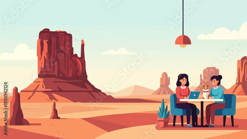 Two women and a dog relax at a table in a desert landscape