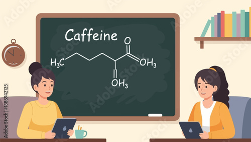 Two students study caffeine's chemical structure on a blackboard at desks