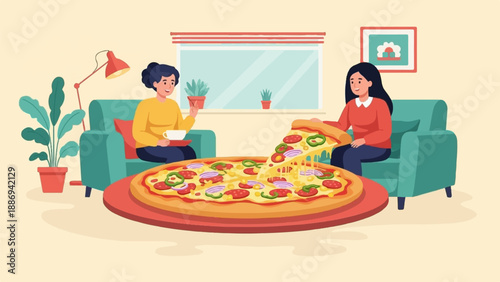 Two women enjoy a large pizza and drinks while relaxing on sofas