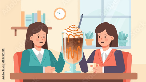 Two women enjoy a large layered coffee drink and a mug