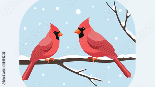Two red birds on a snowy branch, with snowflakes falling