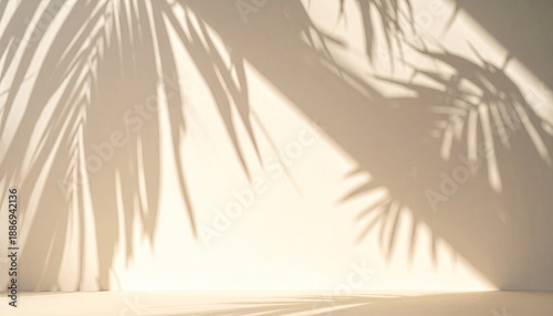 Soft sunlight casts dappled palm leaf shadows across a serene, sunlit wall