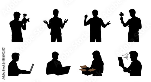 Silhouetted people engaging with technology and communication devices in various poses and activities