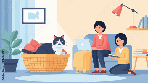 Two women relaxing in a living room with a cat and a plant