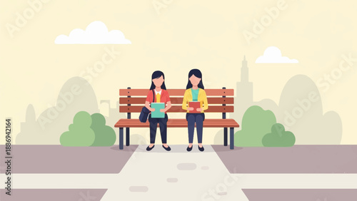 Two students sit on a park bench holding books, with cityscape background