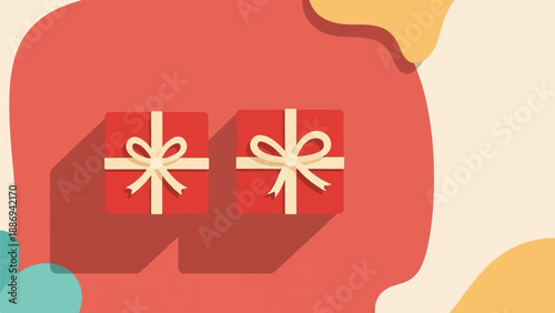 Two red gift boxes with cream ribbons on a red background