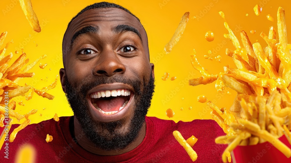custom made wallpaper toronto digitalMan enjoying cheesy french fries party snack food platter concept