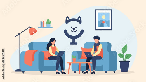 Two people work remotely on laptops in a cozy living room (1)