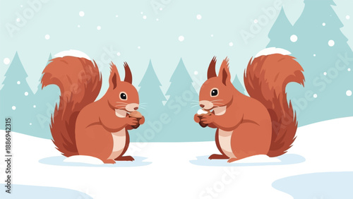 Two squirrels in a snowy forest eating nuts
