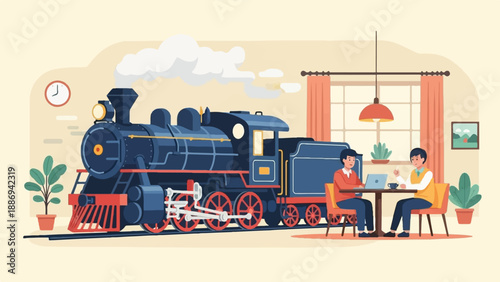 Two people working on laptops near a vintage train