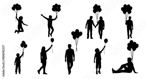 Silhouettes of people holding flowers in various poses and actions