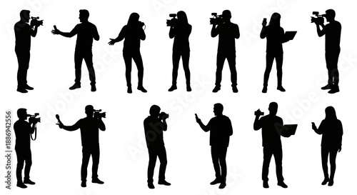 Silhouettes of people taking photos from various viewpoints in different poses and locations