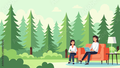 Two women relax and work in a cozy outdoor seating area amidst lush greenery