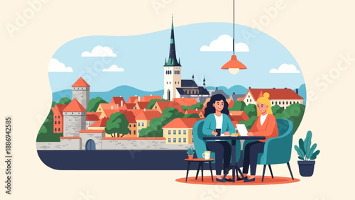 Two women enjoy coffee at a cafe with a historic cityscape behind them