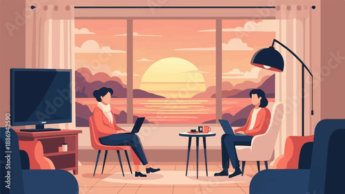 Two people working on laptops near a window with a sunset view