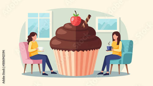 Two women enjoy drinks by a giant chocolate cupcake