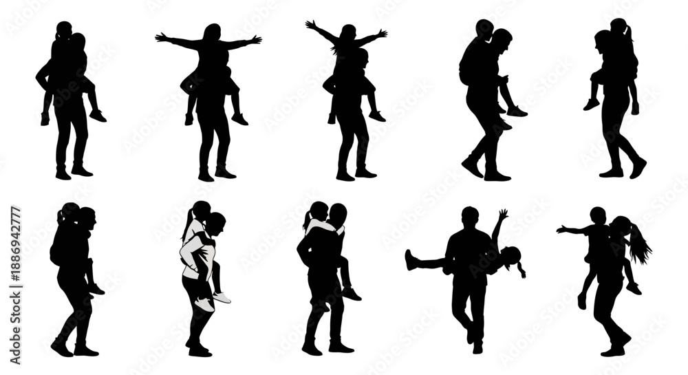 Fototapeta premium Silhouettes of people dancing and exercising in various dynamic poses and movements.