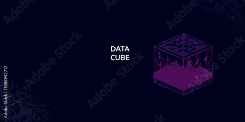 Glowing isometric data cube with internal lines on a dark background
