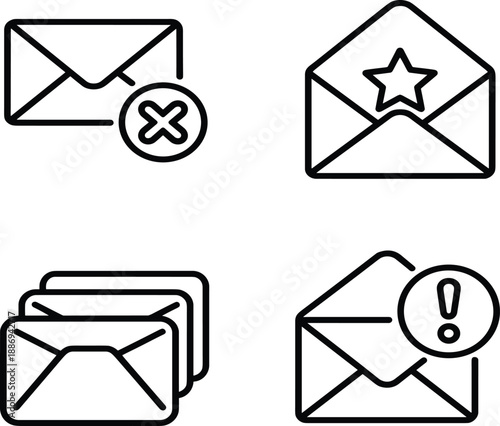 Line vector icon set for email management, message notification, spam filtering, and important mail star marking