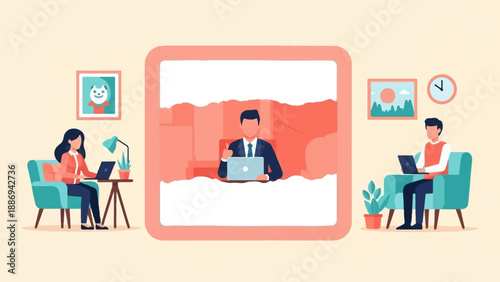 Two people work remotely in comfortable chairs, with a central frame showing a man