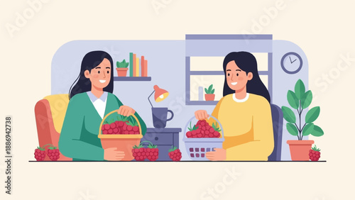 Two women enjoy harvesting fresh raspberries indoors