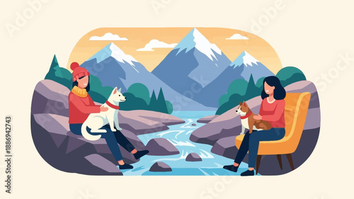 Two women enjoy their dogs in a scenic mountain landscape by a river